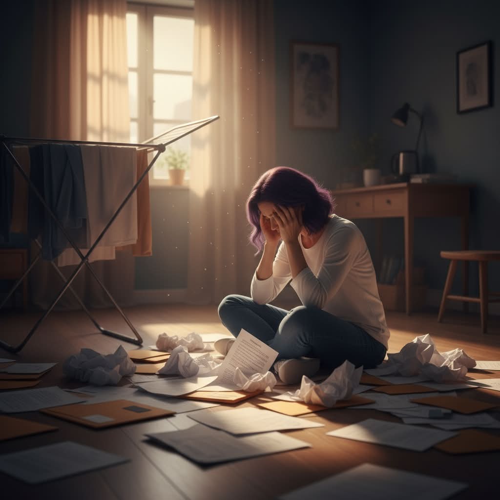 Overwhelmed woman sitting on floor surrounded by scattered documents